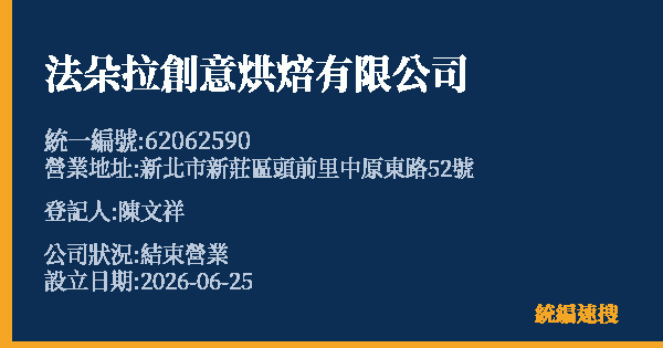 法朵拉創意烘焙有限公司的照片-統編 62062590 公司登記資料與營業項目詳細圖表