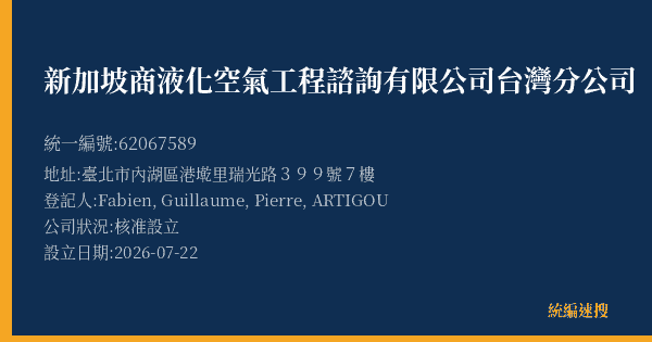新加坡商液化空氣工程諮詢有限公司台灣分公司的照片-統編 62067589(臺北市) 公司登記資料與營業項目詳細圖表