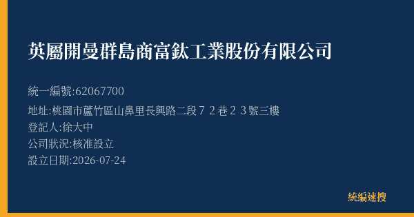 英屬開曼群島商富鈦工業股份有限公司的照片-統編 62067700(桃園市) 公司登記資料與營業項目詳細圖表