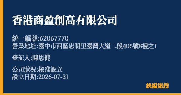 香港商盈創高有限公司的照片-統編 62067770 公司登記資料與營業項目詳細圖表