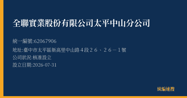 全聯實業股份有限公司太平中山分公司的照片-統編 62067906(臺中市) 公司登記資料與營業項目詳細圖表