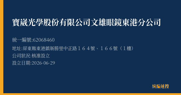 寶崴光學股份有限公司文雄眼鏡東港分公司的照片-統編 62068460(屏東縣) 公司登記資料與營業項目詳細圖表