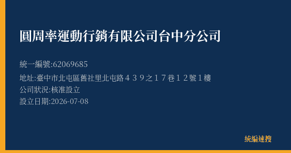 圓周率運動行銷有限公司台中分公司的照片-統編 62069685(臺中市) 公司登記資料與營業項目詳細圖表