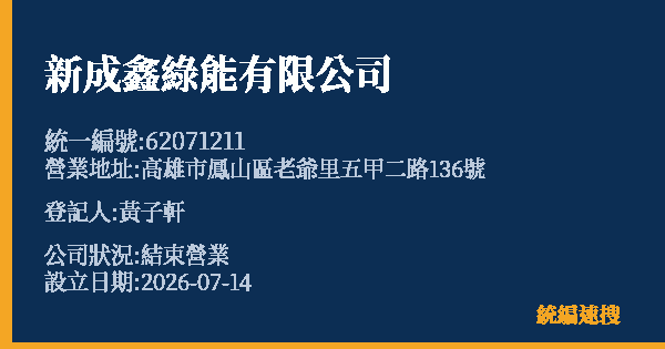 新成鑫綠能有限公司的照片-統編 62071211 公司登記資料與營業項目詳細圖表