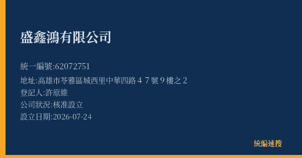 盛鑫鴻有限公司的照片-統編 62072751(高雄市) 公司登記資料與營業項目詳細圖表