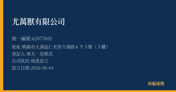 尤萬獸有限公司的照片-統編 62075011(桃園市) 公司登記資料與營業項目詳細圖表