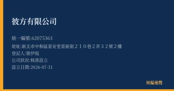 彼方有限公司的照片-統編 62075363(新北市) 公司登記資料與營業項目詳細圖表