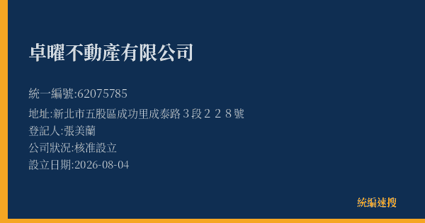 卓曜不動產有限公司的照片-統編 62075785(新北市) 公司登記資料與營業項目詳細圖表