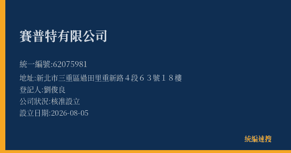 賽普特有限公司的照片-統編 62075981(新北市) 公司登記資料與營業項目詳細圖表