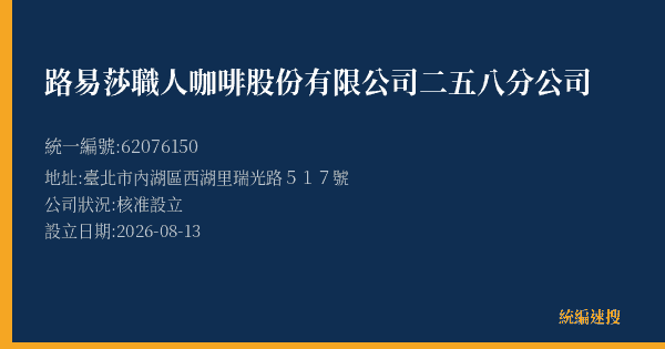路易莎職人咖啡股份有限公司二五八分公司的照片-統編 62076150(臺北市) 公司登記資料與營業項目詳細圖表