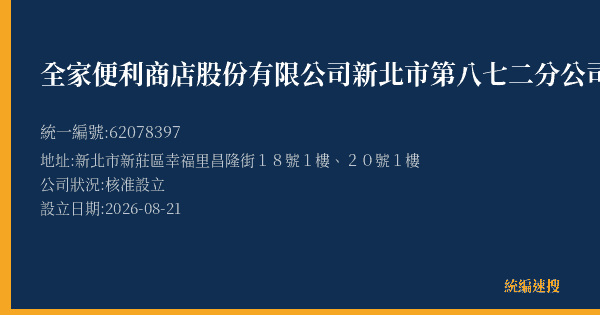 全家便利商店股份有限公司新北市第八七二分公司的照片-統編 62078397(新北市) 公司登記資料與營業項目詳細圖表