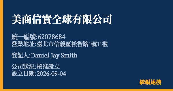 美商信實全球有限公司的照片-統編 62078684(臺北市) 公司登記資料與營業項目詳細圖表