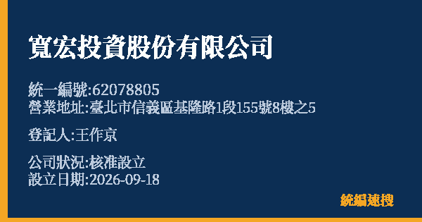 寬宏投資股份有限公司的照片-統編 62078805(臺北市) 公司登記資料與營業項目詳細圖表