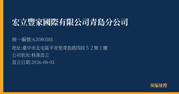 宏立豐家國際有限公司青島分公司的照片-統編 62080181(臺中市) 公司登記資料與營業項目詳細圖表