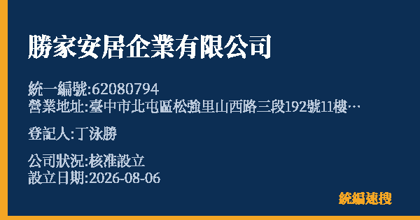 勝家安居企業有限公司的照片-統編 62080794 公司登記資料與營業項目詳細圖表