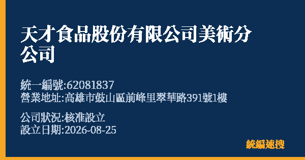 天才食品股份有限公司美術分公司的照片-統編 62081837(高雄市) 公司登記資料與營業項目詳細圖表
