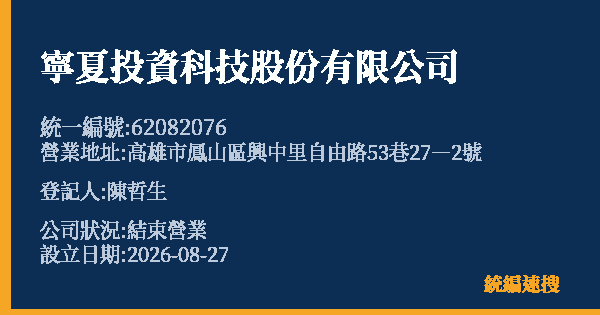 寧夏投資科技股份有限公司的照片-統編 62082076 公司登記資料與營業項目詳細圖表