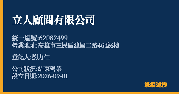 立人顧問有限公司的照片-統編 62082499 公司登記資料與營業項目詳細圖表