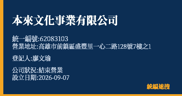本來文化事業有限公司的照片-統編 62083103 公司登記資料與營業項目詳細圖表