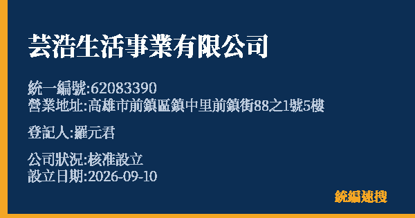 芸浩生活事業有限公司的照片-統編 62083390(高雄市) 公司登記資料與營業項目詳細圖表