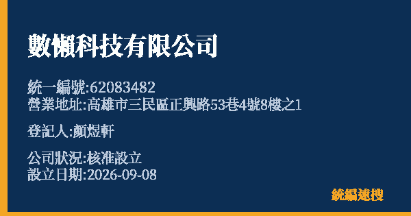 數懶科技有限公司的照片-統編 62083482(高雄市) 公司登記資料與營業項目詳細圖表