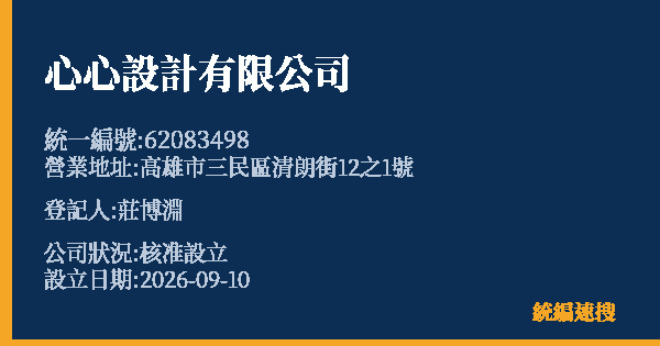 心心設計有限公司的照片-統編 62083498(高雄市) 公司登記資料與營業項目詳細圖表