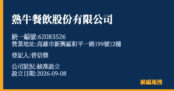 熟牛餐飲股份有限公司的照片-統編 62083526(高雄市) 公司登記資料與營業項目詳細圖表