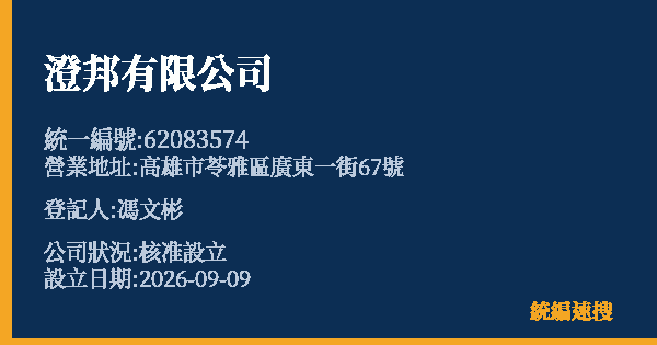 澄邦有限公司的照片-統編 62083574(高雄市) 公司登記資料與營業項目詳細圖表