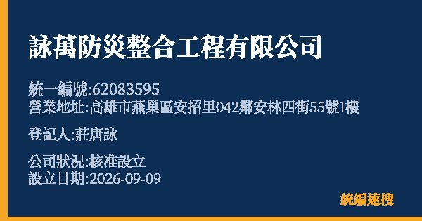 詠萬防災整合工程有限公司的照片-統編 62083595(高雄市) 公司登記資料與營業項目詳細圖表