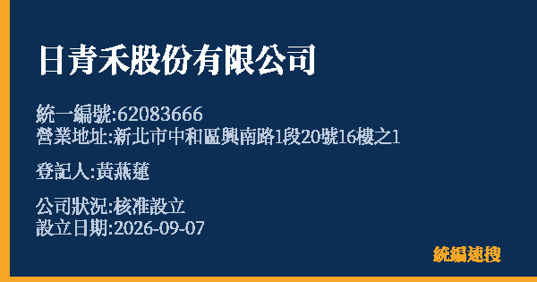 日青禾股份有限公司的照片-統編 62083666(新北市) 公司登記資料與營業項目詳細圖表