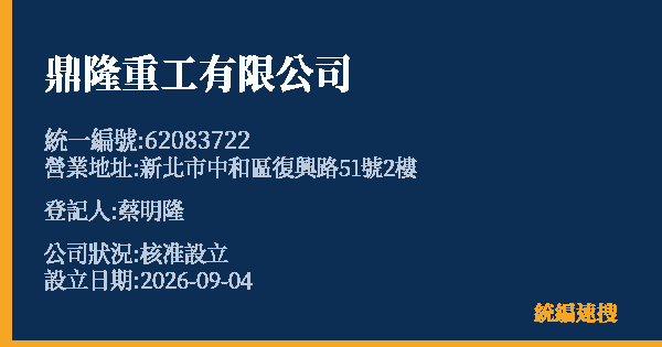 鼎隆重工有限公司的照片-統編 62083722(新北市) 公司登記資料與營業項目詳細圖表