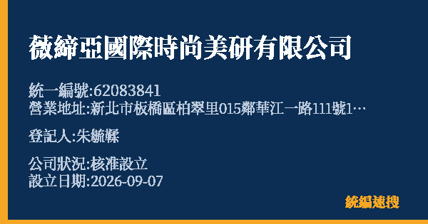 薇締亞國際時尚美研有限公司的照片-統編 62083841(新北市) 公司登記資料與營業項目詳細圖表
