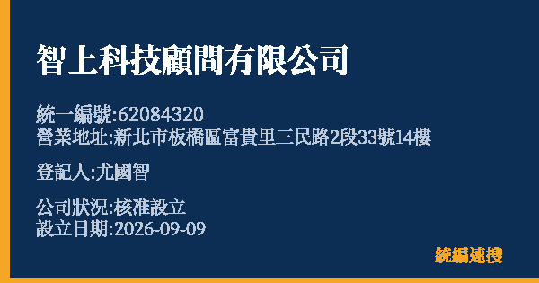 智上科技顧問有限公司的照片-統編 62084320(新北市) 公司登記資料與營業項目詳細圖表