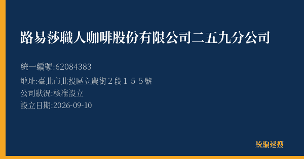 路易莎職人咖啡股份有限公司二五九分公司的照片-統編 62084383(臺北市) 公司登記資料與營業項目詳細圖表