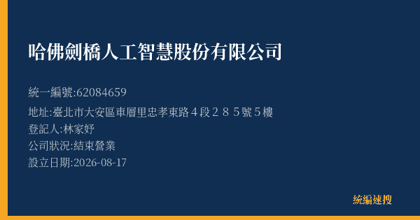 哈佛劍橋人工智慧股份有限公司的照片-統編 62084659(臺北市) 公司登記資料與營業項目詳細圖表