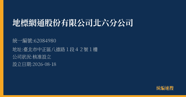 地標網通股份有限公司北六分公司的照片-統編 62084980(臺北市) 公司登記資料與營業項目詳細圖表