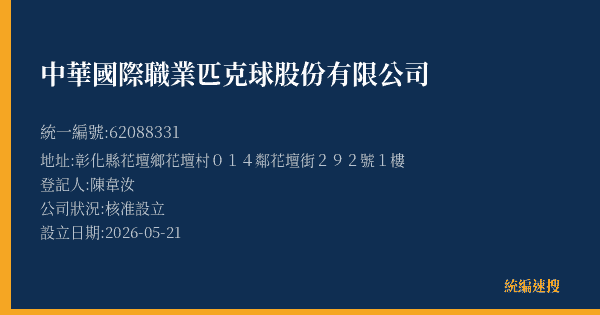 中華國際職業匹克球股份有限公司的照片-統編 62088331(彰化縣) 公司登記資料與營業項目詳細圖表