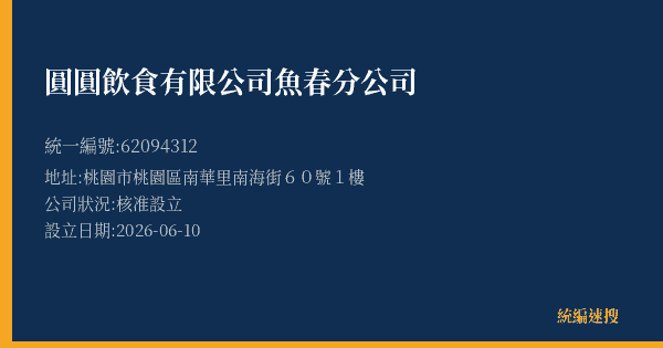 圓圓飲食有限公司魚春分公司的照片-統編 62094312(桃園市) 公司登記資料與營業項目詳細圖表