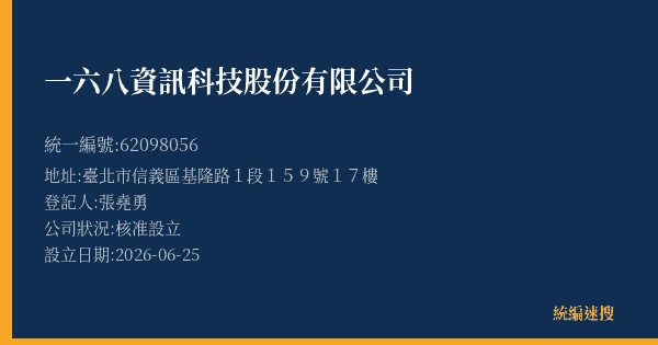 一六八資訊科技股份有限公司的照片-統編 62098056(臺北市) 公司登記資料與營業項目詳細圖表