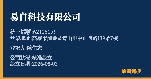易自科技有限公司的照片-統編 62105079(高雄市) 公司登記資料與營業項目詳細圖表