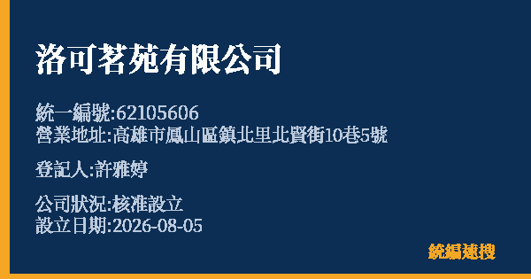 洛可茗苑有限公司的照片-統編 62105606(高雄市) 公司登記資料與營業項目詳細圖表