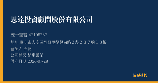 思達投資顧問股份有限公司的照片-統編 62108287(臺北市) 公司登記資料與營業項目詳細圖表