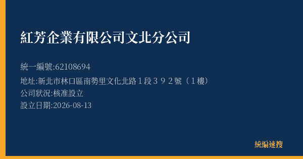 紅芳企業有限公司文北分公司的照片-統編 62108694(新北市) 公司登記資料與營業項目詳細圖表
