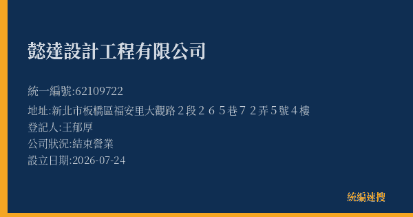 懿達設計工程有限公司的照片-統編 62109722(新北市) 公司登記資料與營業項目詳細圖表