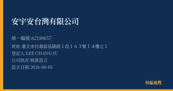 安宇安台灣有限公司的照片-統編 62110657(臺北市) 公司登記資料與營業項目詳細圖表