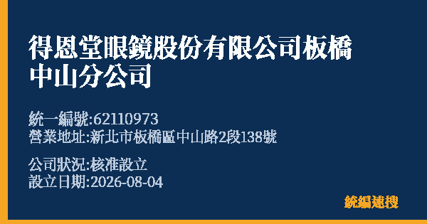 得恩堂眼鏡股份有限公司板橋中山分公司的照片-統編 62110973(新北市) 公司登記資料與營業項目詳細圖表