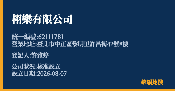 栩樂有限公司的照片-統編 62111781(臺北市) 公司登記資料與營業項目詳細圖表