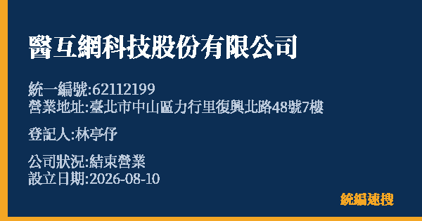 醫互網科技股份有限公司的照片-統編 62112199 公司登記資料與營業項目詳細圖表
