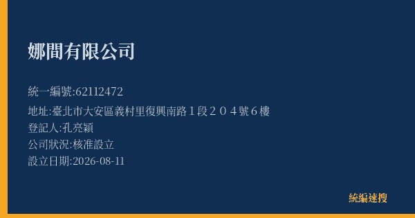 娜間有限公司的照片-統編 62112472(臺北市) 公司登記資料與營業項目詳細圖表