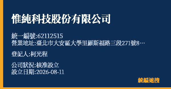 惟純科技股份有限公司的照片-統編 62112515(臺北市) 公司登記資料與營業項目詳細圖表